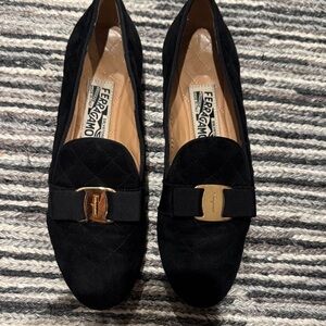 Salvatore Ferragamo Italy Black quilted Suede Loafers varina gold accent 8.5 m